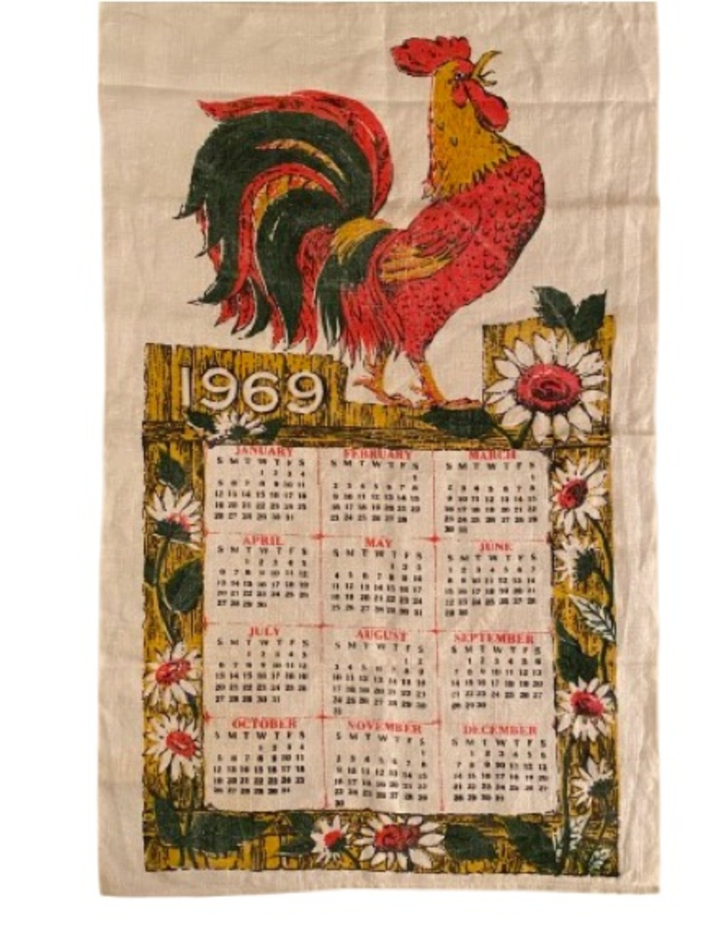Vintage 1969 Calendar Dish Towel Rooster & Flowers Linen Retro Rustic Farmhouse